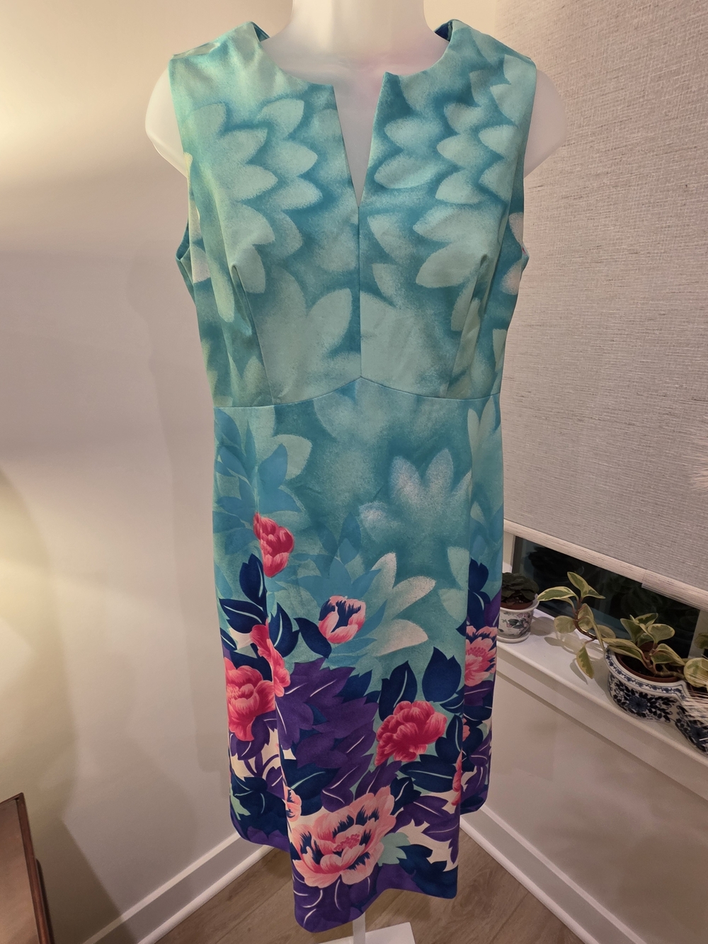VTG Hawaiian Sleeveless Aqua Floral Sheath Dress Size L - Picture 4 of 16